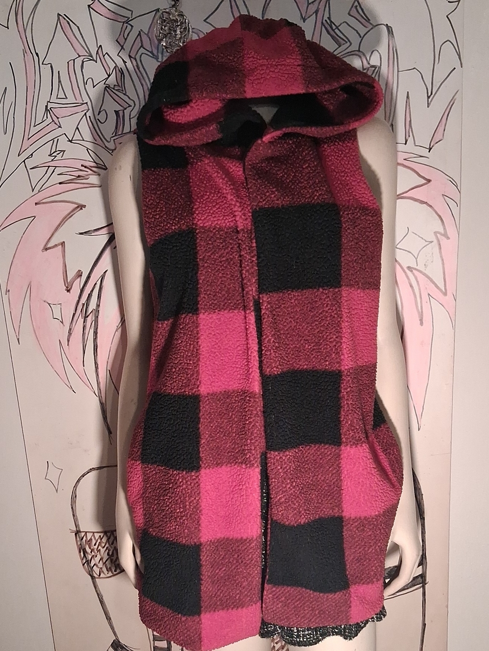 Mesh & Lace Hooded Sleeveless Vest - Pink & Black